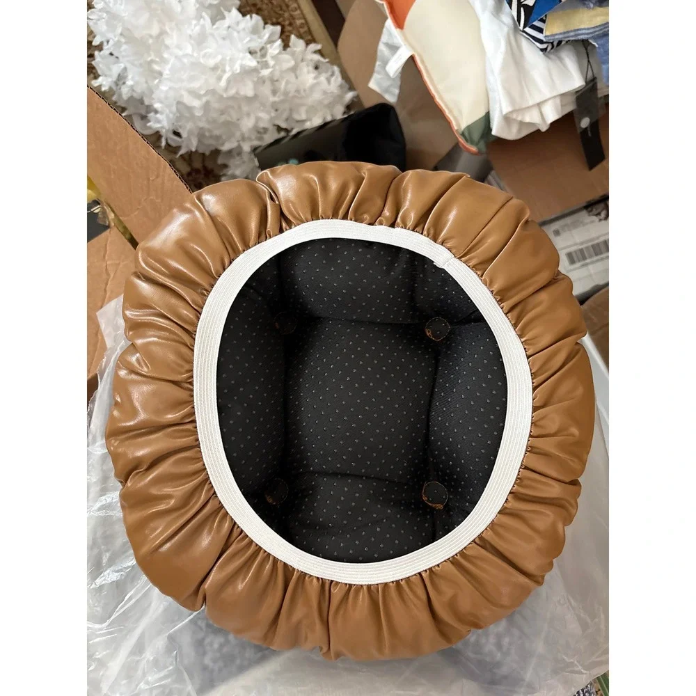 Tan Faux Leather Round Bar Stool Cover Tufted Button Elastic Slipcover Brown
